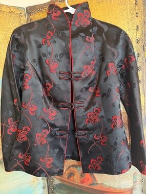 Black Satin Mandarin Jacket with Red Rose Embroidery